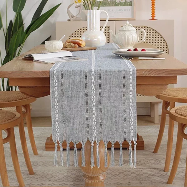 Bohemian Chic Woven Cotton Linen Table Runner with Handmade Tassels