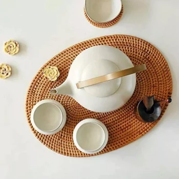 Hand-Woven Rattan Placemat – Eco-Friendly, Modern Oval Table Accessory