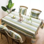 Green Striped Cotton Linen Tablecloth with Tassel Hem