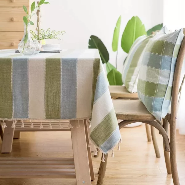 Green Striped Cotton Linen Tablecloth with Tassel Hem