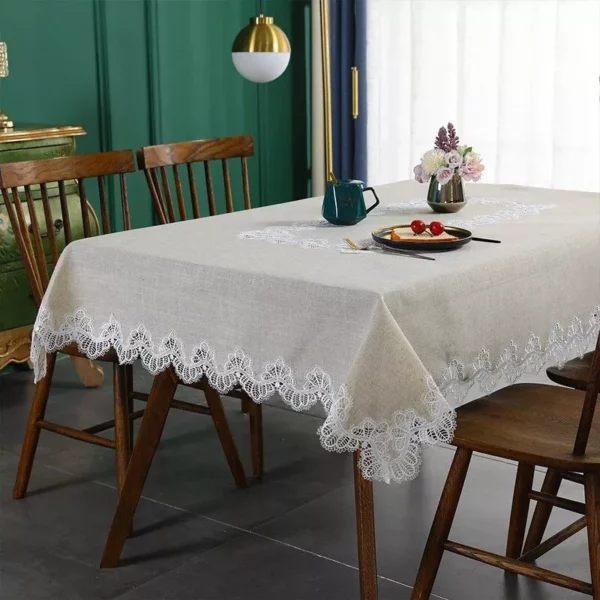 Elegant Beige Embroidered Lace Tablecloth