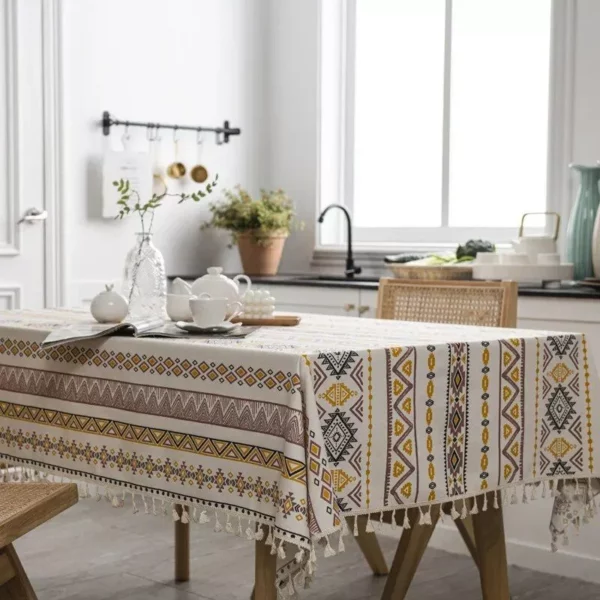 Bohemian Chic Waterproof & Oil-Proof Cotton-Linen Tablecloth with Tassels