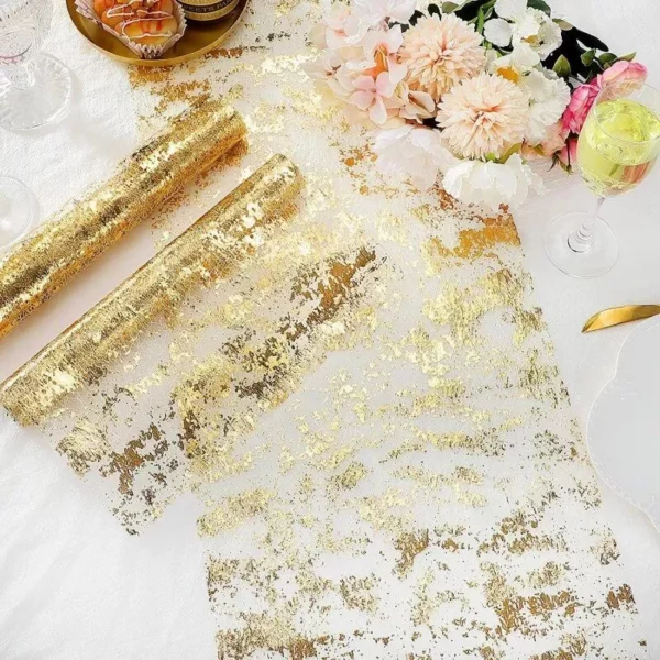 Luxurious Gold Foil Mesh Sequin Table Runner for Weddings and Special Events