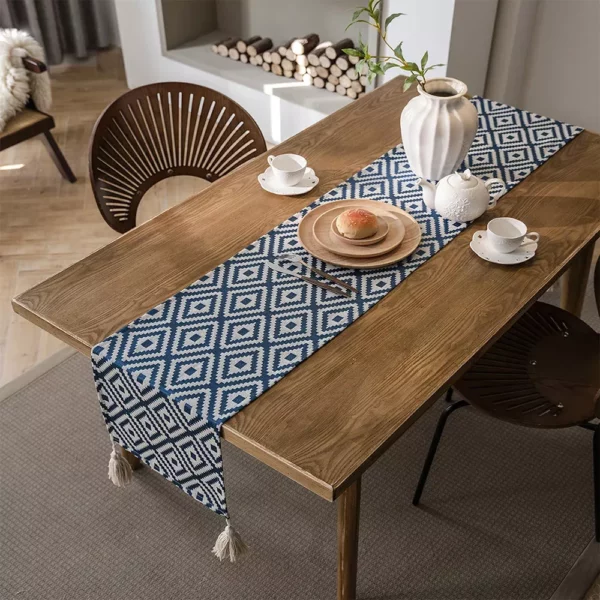 Elegant Nordic Jacquard Table Runner with Geometric Tassel Design