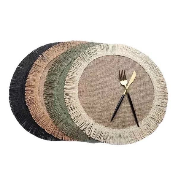 Eco-Friendly Linen Round Placemat with Fringe – Heat Resistant, Non-Slip Kitchen Table Mat