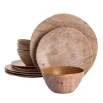 Rustic Charm 12-Piece Melamine Dinnerware Set – Wood Brown