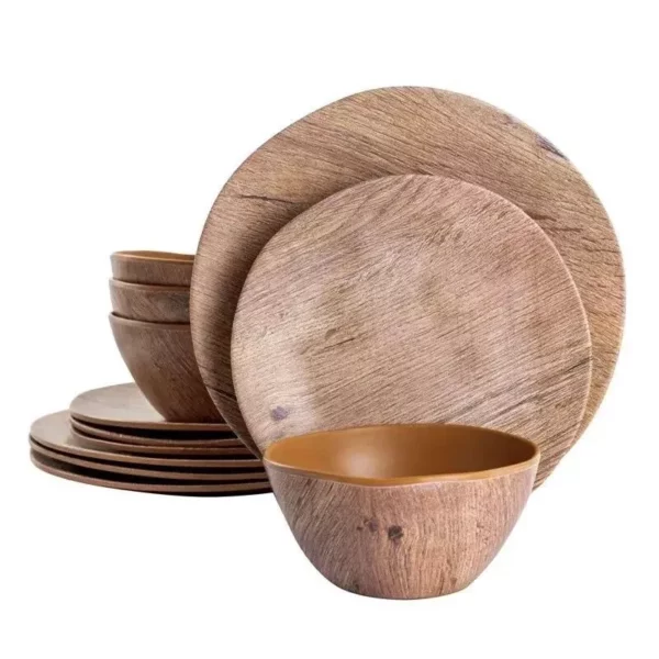 Rustic Charm 12-Piece Melamine Dinnerware Set – Wood Brown