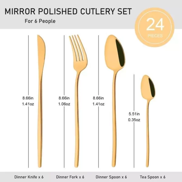 Luxurious 24-Piece Mirror Gold Dinnerware Set, 18/10 Stainless Steel Cutlery