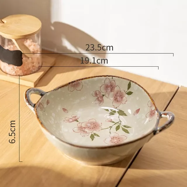 Elegant Floral Ceramic Soup and Salad Bowl with Handle