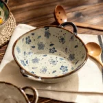 Elegant Floral Ceramic Soup and Salad Bowl with Handle