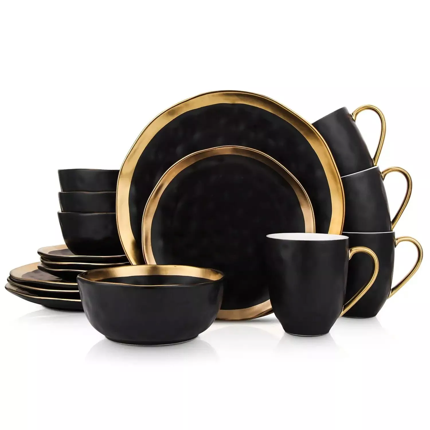 Elegant 16-Piece Gold-Rimmed Black Porcelain Dinnerware Set