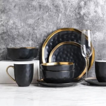 Elegant 16-Piece Gold-Rimmed Black Porcelain Dinnerware Set