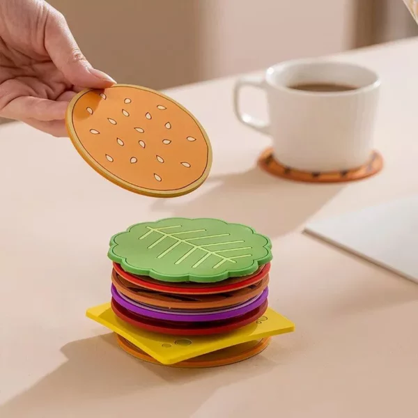 Eco-Friendly Cartoon Hamburger Silicone Placemats – Heat-Resistant Drink Coasters, 8 Piece Set