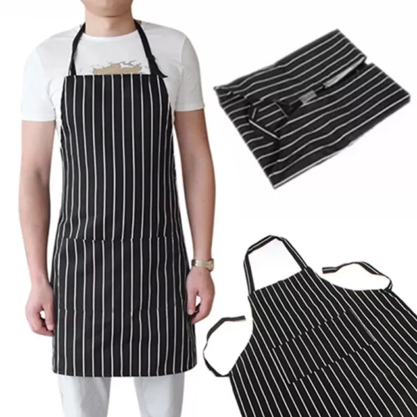 Adjustable Black and White Stripe Bib Apron with Pockets for Men and Women - Image 2