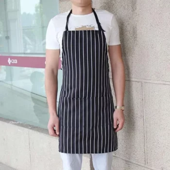 Adjustable Black and White Stripe Bib Apron with Pockets for Men and Women