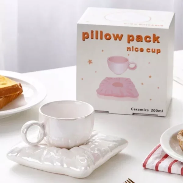 Creative Macaron Pillow Cup – Nordic Style Ceramic Coffee Mug with Tray