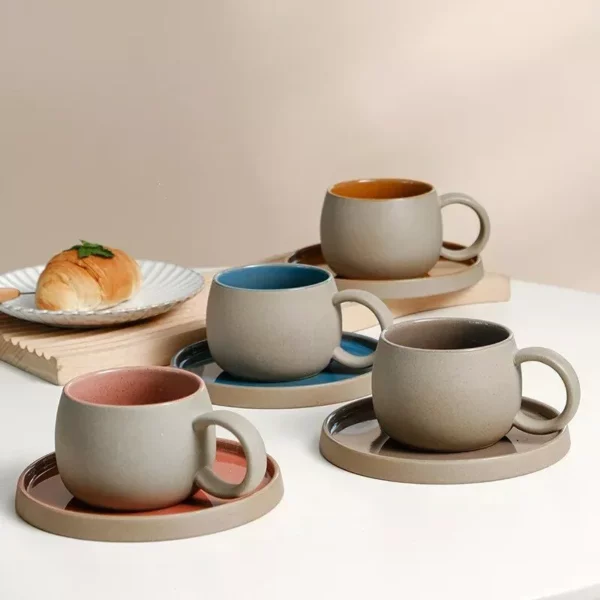 Japanese Style Ceramic Coffee Cup Set – Retro Rough Pottery Mugs and Plates for Afternoon Tea and Breakfast