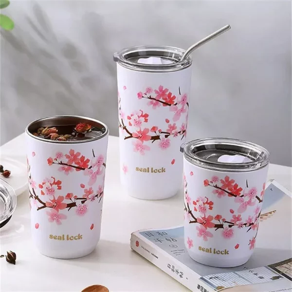 Cherry Blossom Stainless Steel Thermal Mug – Leak-Proof, Double Wall Insulated Coffee & Tea Tumbler
