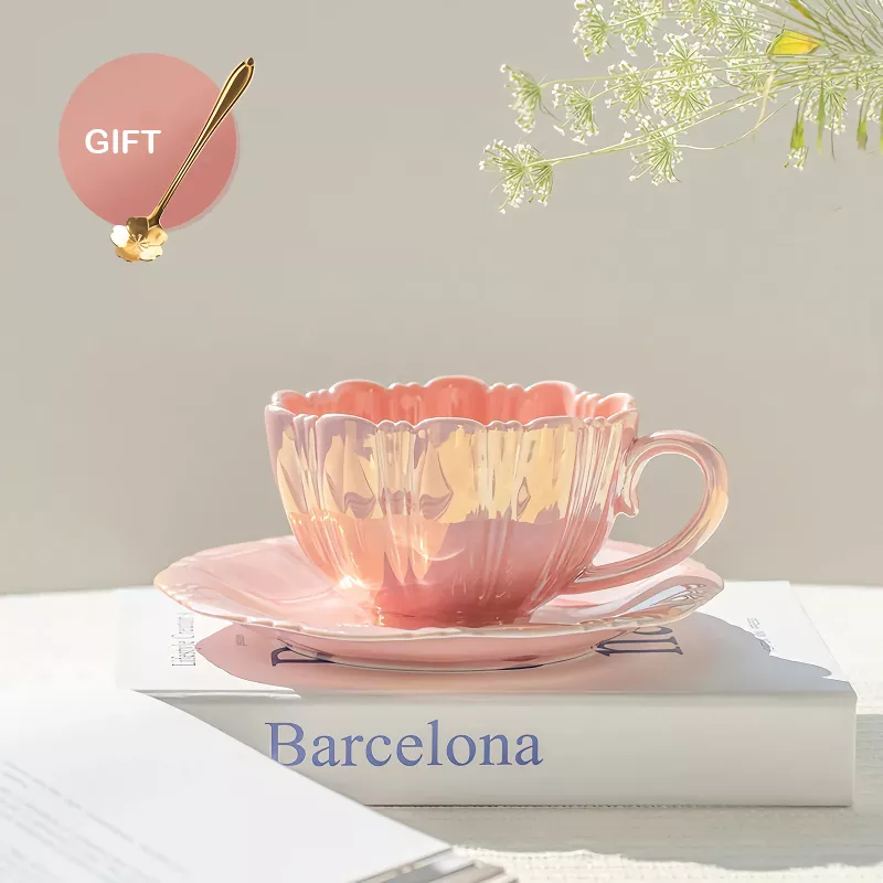 Elegant 240ml Ceramic Petal Cup with Saucer – Coffee, Tea, and Milk Mug