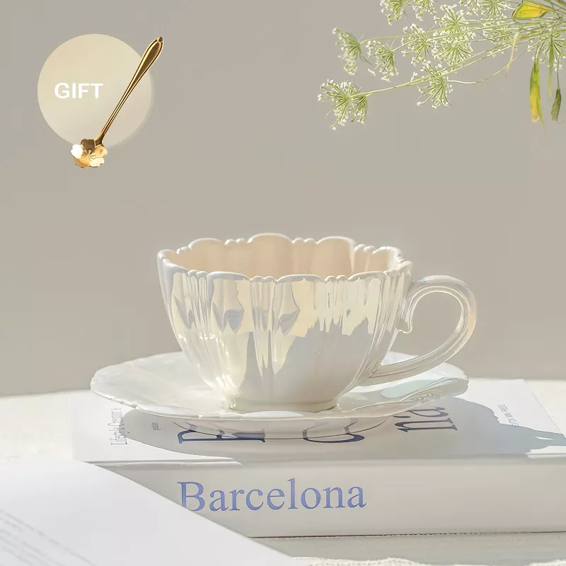 Elegant 240ml Ceramic Petal Cup with Saucer – Coffee, Tea, and Milk Mug