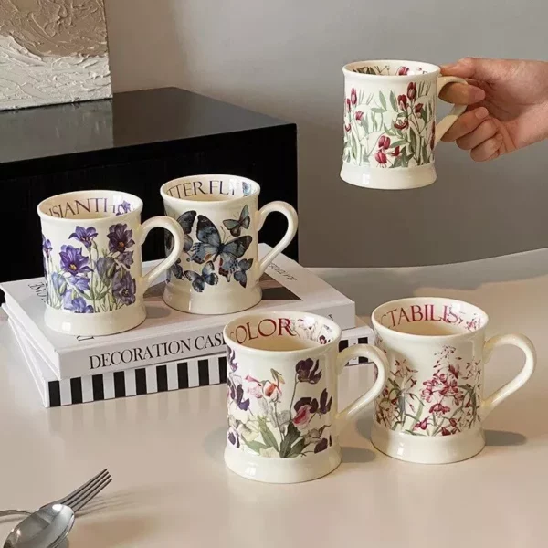 Chic Handgrip Ceramic Mug – Prairie Style, Floral Elegance for Office & Restaurant
