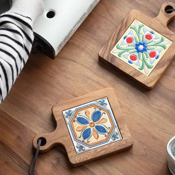 Acacia Wood and Colorful Tile Trivet – Multipurpose Anti-Scald Pot Mat and Drink Coaster