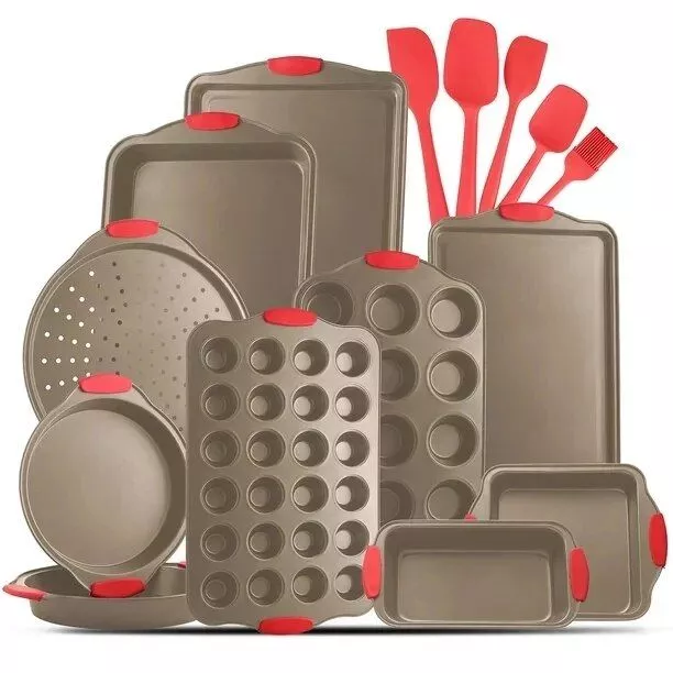 Deluxe Nonstick Carbon Steel 15-Piece Bakeware Set with Silicone Handles