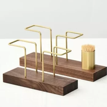 Elegant Wood and Brass Desktop Organizer with Multi-Functional Tissue and Toothpick Holder