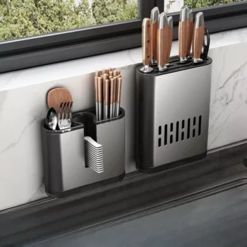 Luxury Gun Grey Wall-Mounted Kitchen Rack with Chopstick and Knife Holder