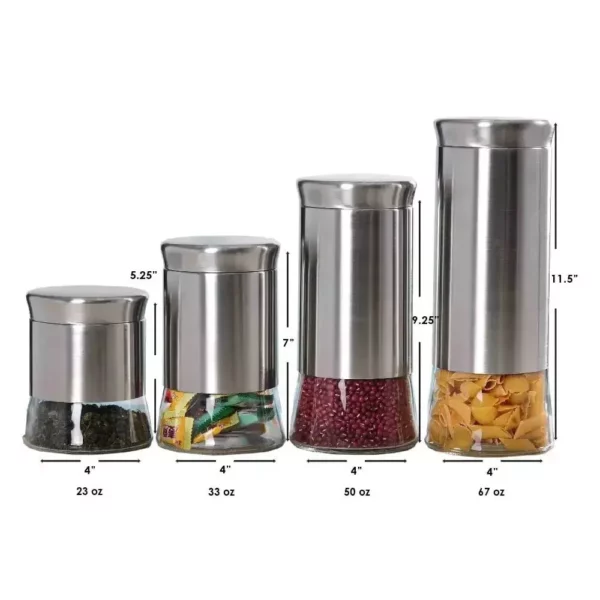 Essential Stainless Steel Kitchen Canister Set – 4 Pieces, Clear Glass Base, Airtight Lids