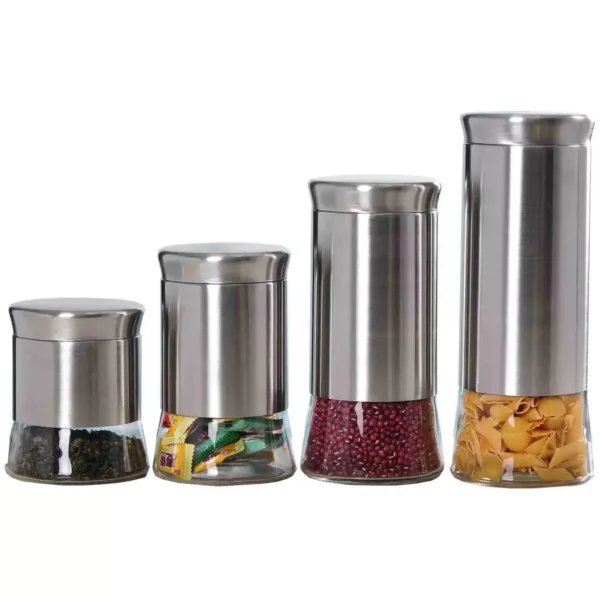 Essential Stainless Steel Kitchen Canister Set – 4 Pieces, Clear Glass Base, Airtight Lids