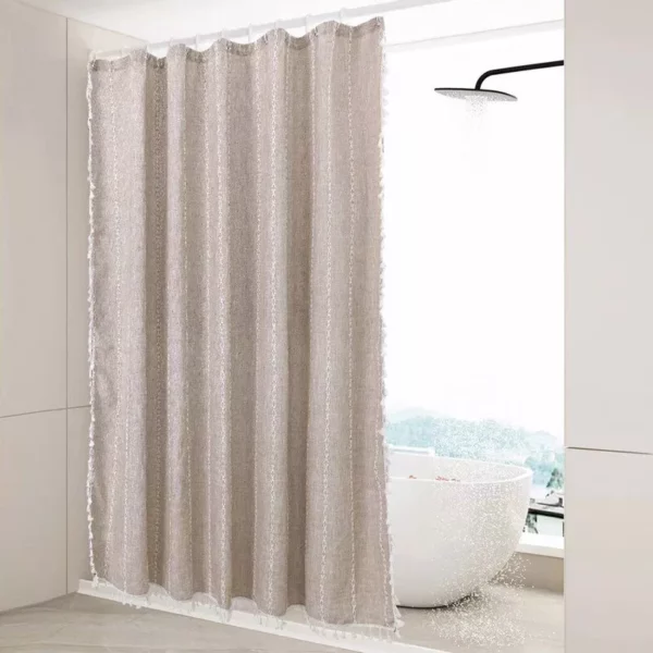 Luxurious Boho-Chic Striped Linen Cotton Shower Curtain with Tassels and Hooks - Image 2