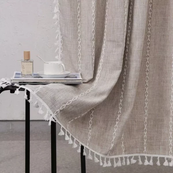 Luxurious Boho-Chic Striped Linen Cotton Shower Curtain with Tassels and Hooks - Image 3