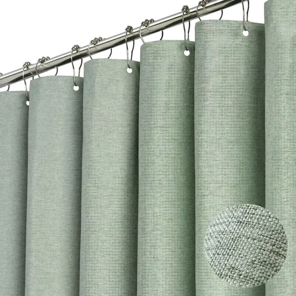 Luxury Waterproof Linen-Texture Shower Curtain with Silver Hooks