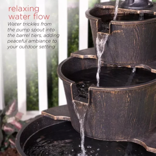 Rustic Charm 40″ Three-Tier Barrel Water Fountain for Outdoor Decor