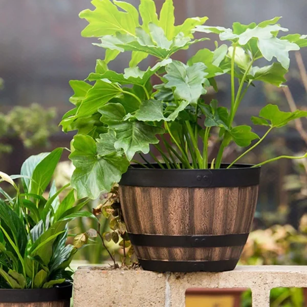 Rustic Faux Wooden Barrel Planter – Durable Plastic Bonsai & Succulent Pot, Retro Outdoor Imitation Planting Box