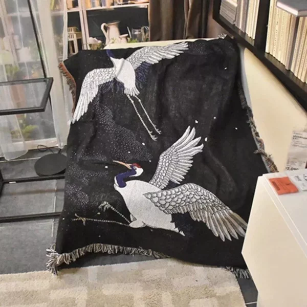 Elegant Black Crane & Floral Japanese Knitted Cotton Blanket