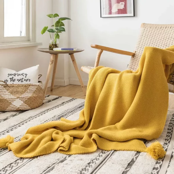 Mustard Yellow Luxury Knit Throw Blanket with PomPom Tassels