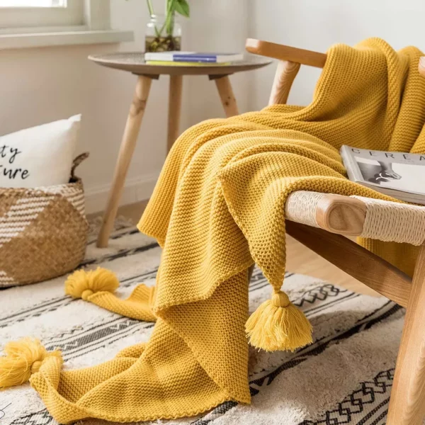 Mustard Yellow Luxury Knit Throw Blanket with PomPom Tassels