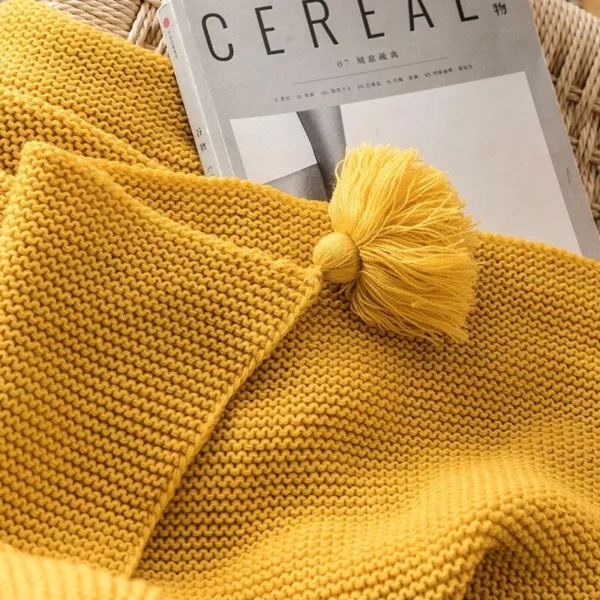 Mustard Yellow Luxury Knit Throw Blanket with PomPom Tassels