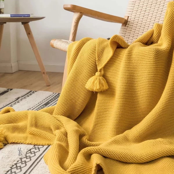 Mustard Yellow Luxury Knit Throw Blanket with PomPom Tassels