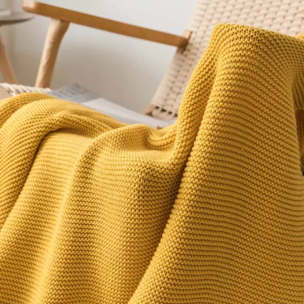 Mustard Yellow Luxury Knit Throw Blanket with PomPom Tassels