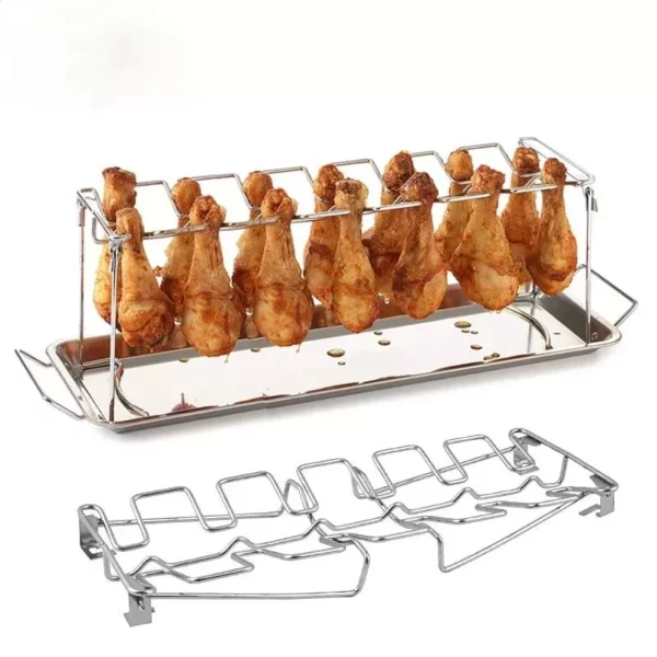 Ultimate BBQ Chicken Leg Wing Grill Rack with Stainless Steel Roaster Stand and Drip Pan - Image 2