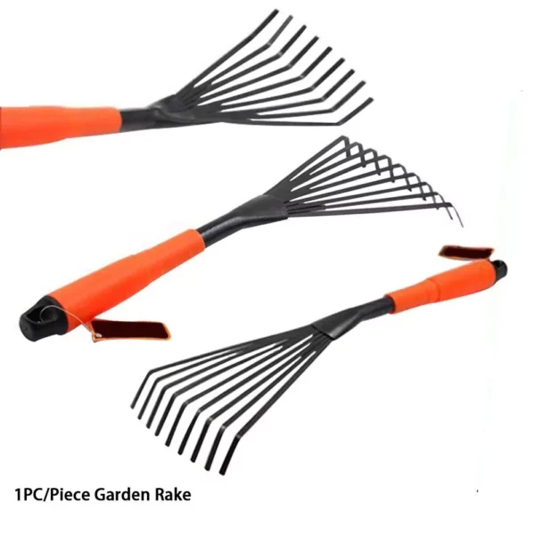 Professional 16-Inch Steel Garden Rake with Ergonomic Grip and 9 Flexible Teeth