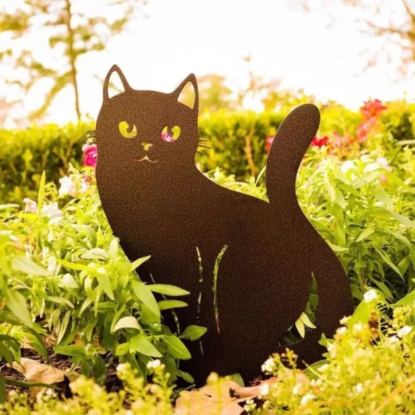 Elegant Black Metal Cat Garden Statue