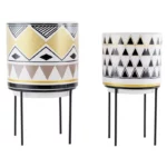 Mid-Century Modern Round Ceramic Planters with Metal Stand