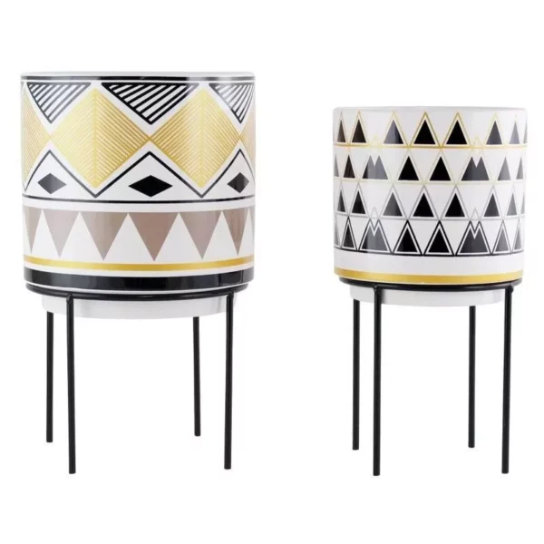 Mid-Century Modern Round Ceramic Planters with Metal Stand