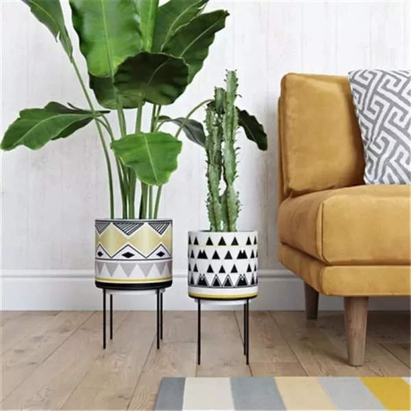 Mid-Century Modern Round Ceramic Planters with Metal Stand - Image 2