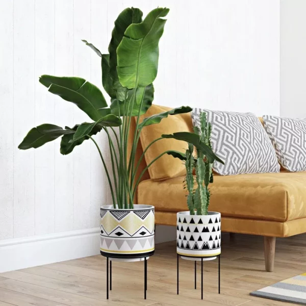 Mid-Century Modern Round Ceramic Planters with Metal Stand - Image 3