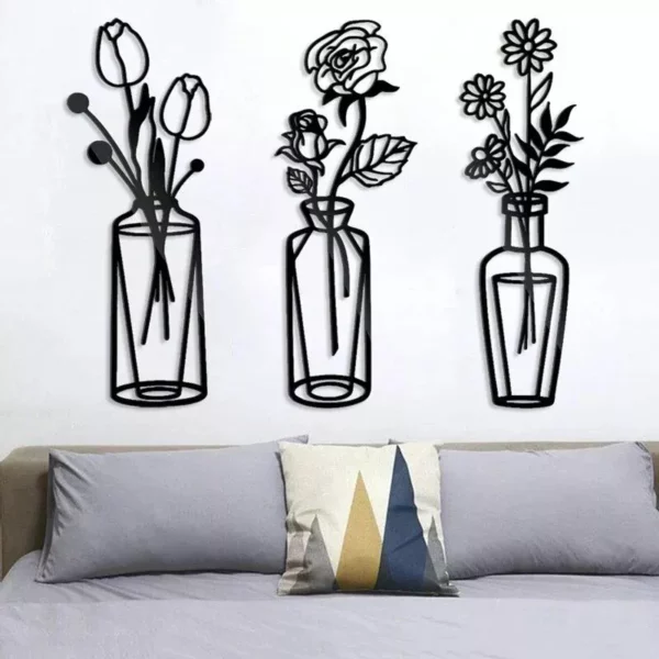 Elegant Black Iron Flower Wall Art - Minimalist Metal Vase Decor for Home & Office - Image 2